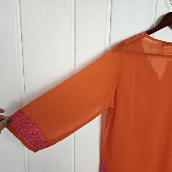 Gretchen Scott XS Orange Pink Sheer Oversized Embroidered BohoTunic Top - Picture 9 of 14